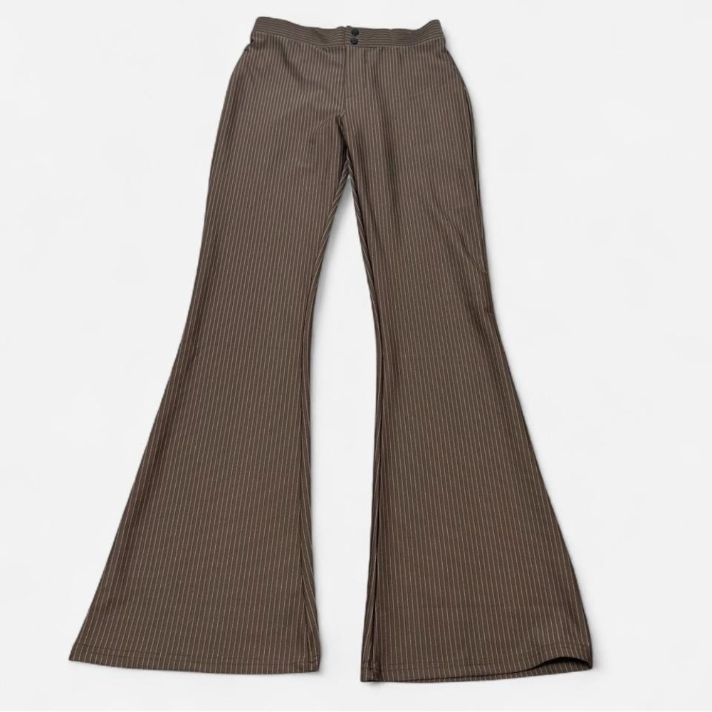 NWT Love Poem Brown Pinstripe Pull On Flare Pants Womens S Office Siren Alt Goth